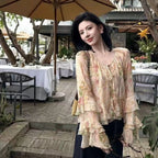Spring Summer Women V Neck Bow Floral Pattern Ruffles Flare Sleeve Chiffon Top Shirt , Woman Fashion French Style Tops Shirts