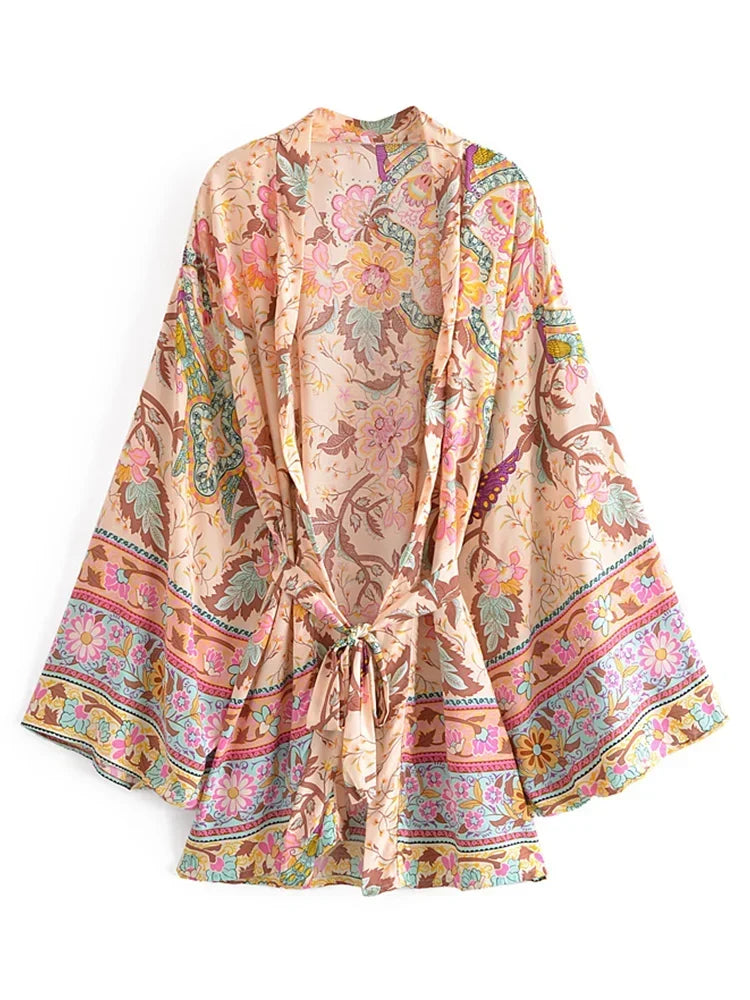 Vintage Peacock Floral Print Sashes Bohemian Kimono Women  V Neck Batwing Sleeves Happie Short Robe Boho Bikini Cover-ups