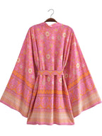 Boho Queens Vintage Pink Floral Print Rayon Cotton Women Bohemian Kimono Happie V Neck Batwing Sleeve Short Robe Bikini Cover-up