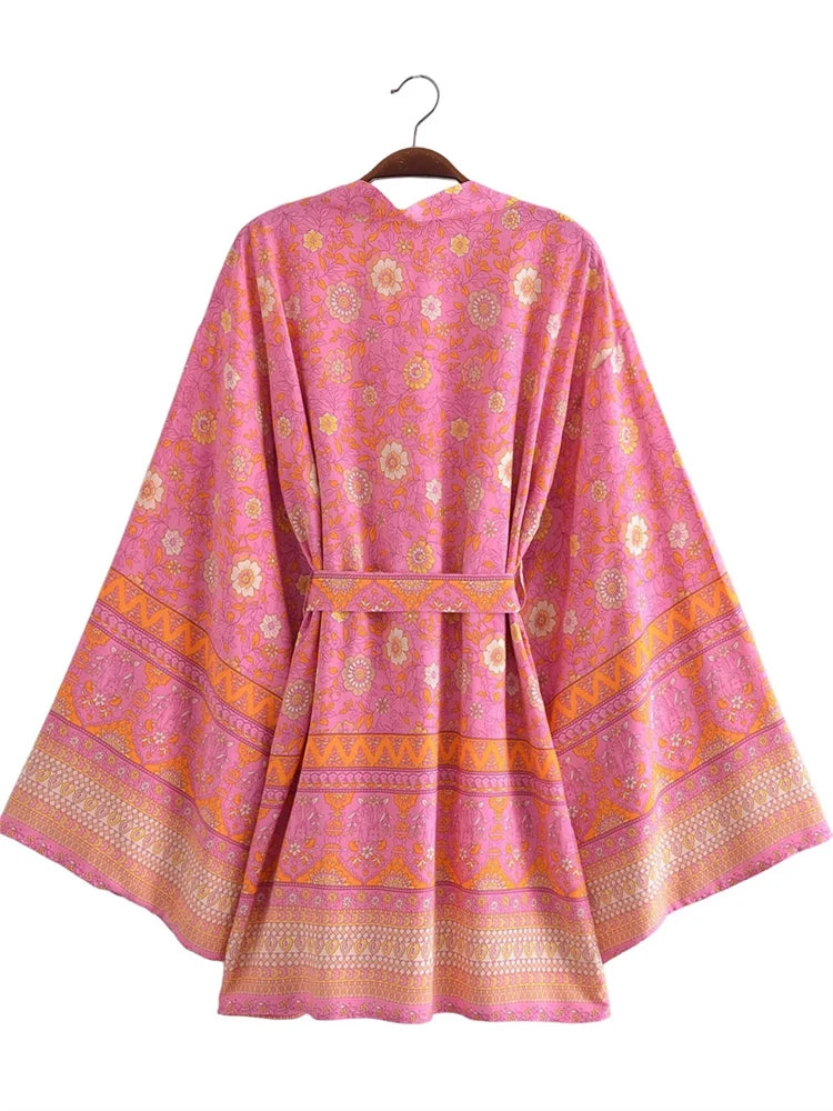 Boho Queens Vintage Pink Floral Print Rayon Cotton Women Bohemian Kimono Happie V Neck Batwing Sleeve Short Robe Bikini Cover-up