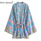Boho Queens Floral Print Sashes Bohemian Kimono Women  V Neck Batwing Sleeves Short Robe Vacation Beach Bikini Cover-ups