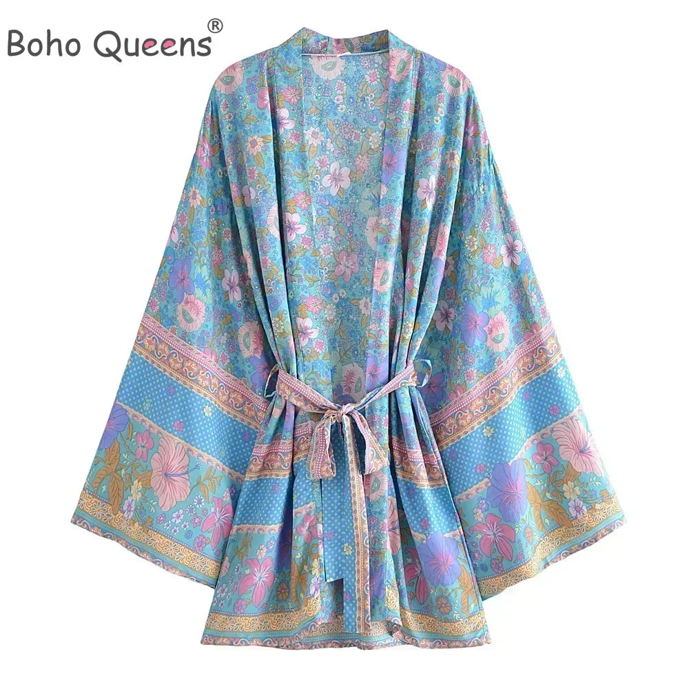Boho Queens Floral Print Sashes Bohemian Kimono Women  V Neck Batwing Sleeves Short Robe Vacation Beach Bikini Cover-ups