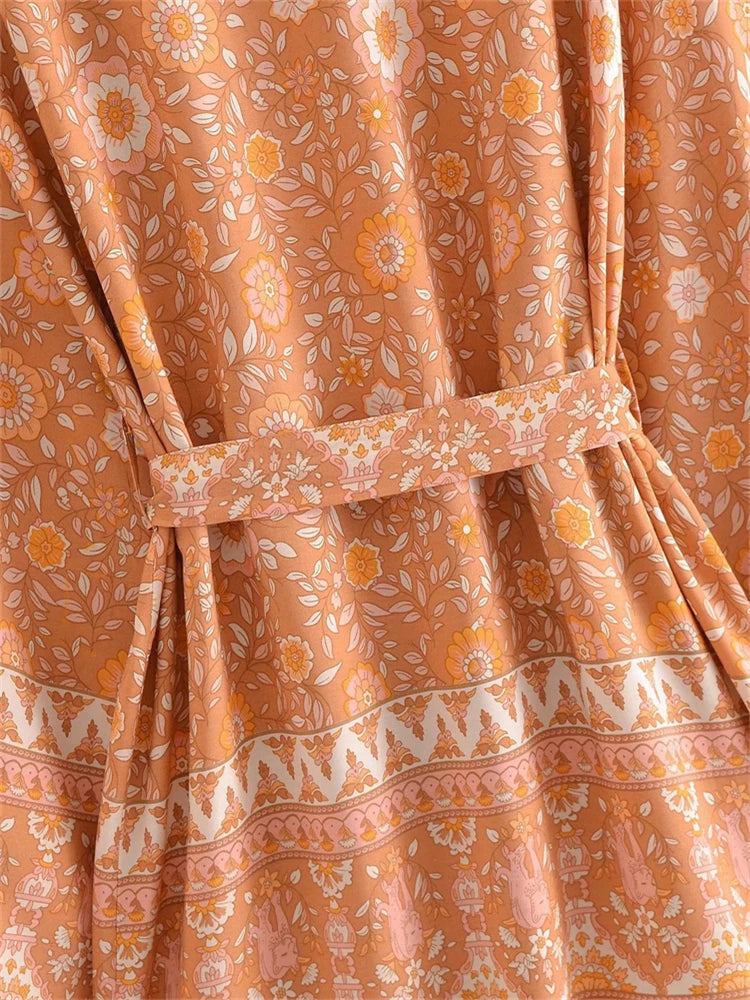 Boho Queens Vintage Pink Floral Print Rayon Cotton Women Bohemian Kimono Happie V Neck Batwing Sleeve Short Robe Bikini Cover-up