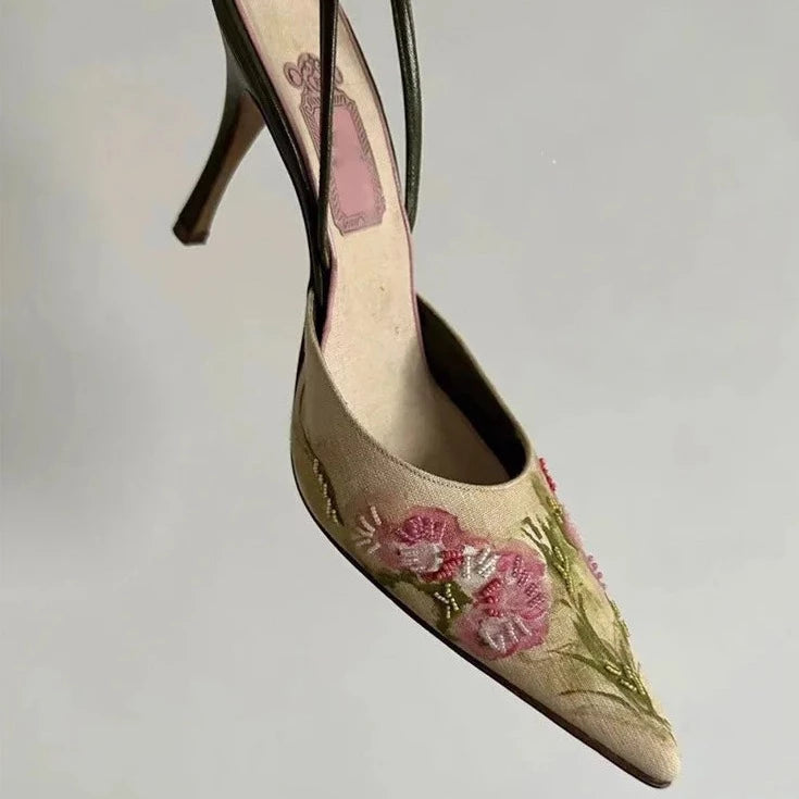 Embroidered Intricate Kitten Heels