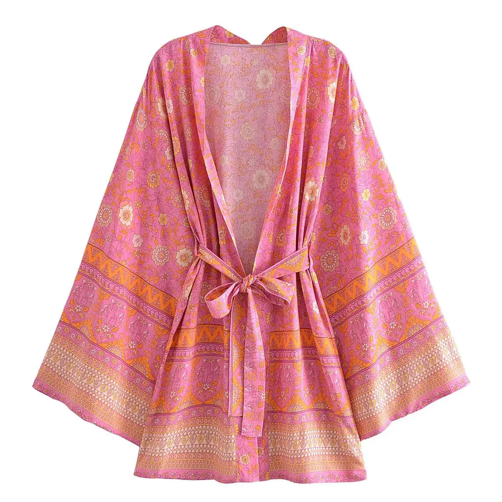Boho Queens Vintage Pink Floral Print Rayon Cotton Women Bohemian Kimono Happie V Neck Batwing Sleeve Short Robe Bikini Cover-up