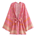 Boho Queens Vintage Pink Floral Print Rayon Cotton Women Bohemian Kimono Happie V Neck Batwing Sleeve Short Robe Bikini Cover-up