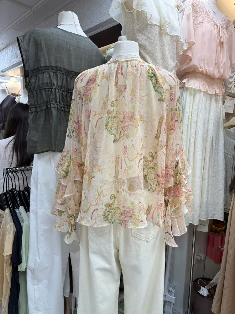 Spring Summer Women V Neck Bow Floral Pattern Ruffles Flare Sleeve Chiffon Top Shirt , Woman Fashion French Style Tops Shirts