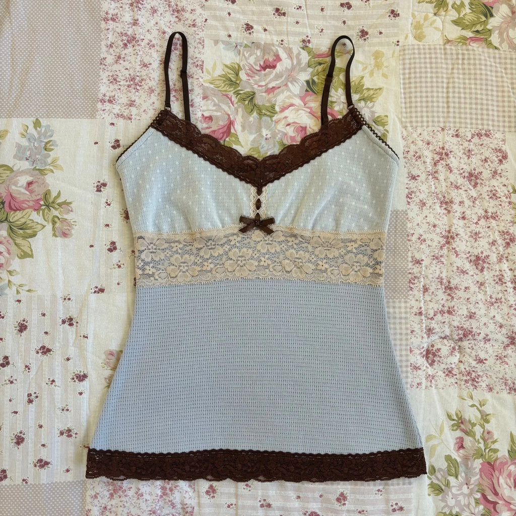 Women Summer Kawaii Lace Trim Patchwork Tanks Tops Fairycore Grunge Aesthetic Sleeveless Spaghetti Strap Slim Vacation Vests