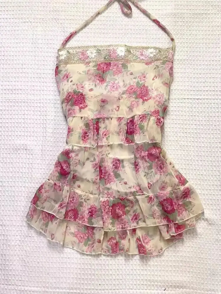 Y2K Floral Sleeveless Vest Women Lovely Bow Sweet Casual Blouse Japanese Basic Outfit Tops Chic
