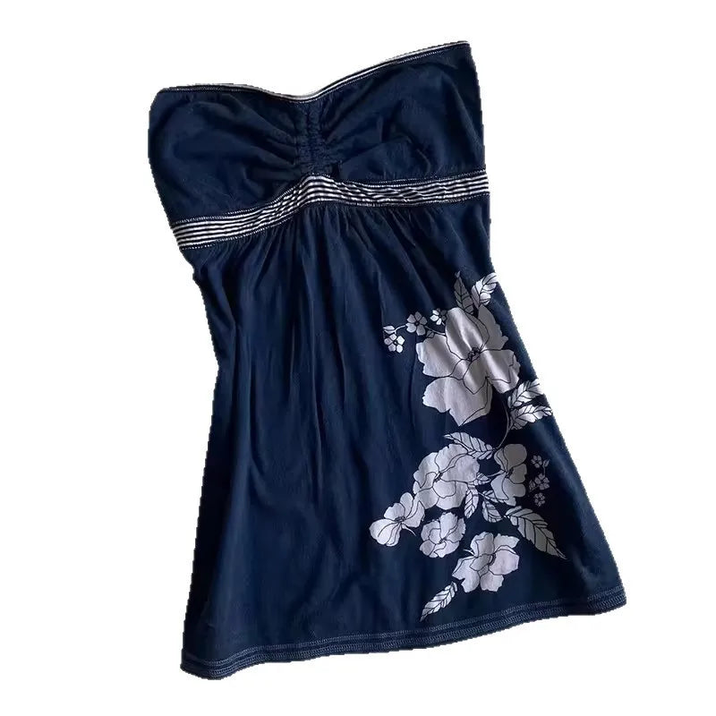 Fashion Y2K High Street Punk Classic Versatile Vests 2026 Summer New Floral Print Halter Lace-up Slim Tube Top Elegant Women Top