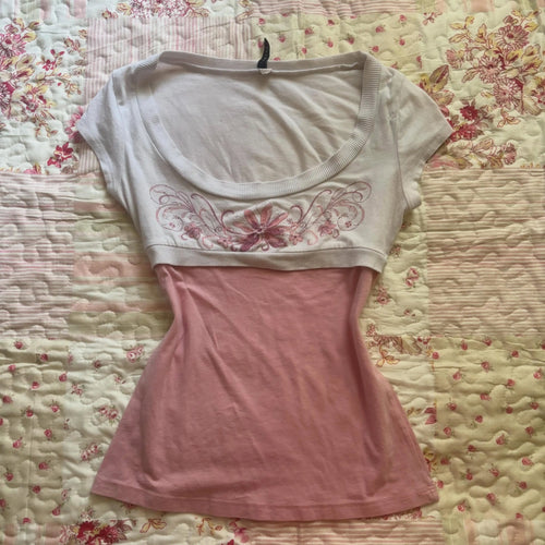 90s Himekaji Crop Top Vintage Punk Summer Kawaii Emo Tee Chic Sweet T-shirt Y2k Woman Clothes Slim Fake 2Piece Lace floral Print