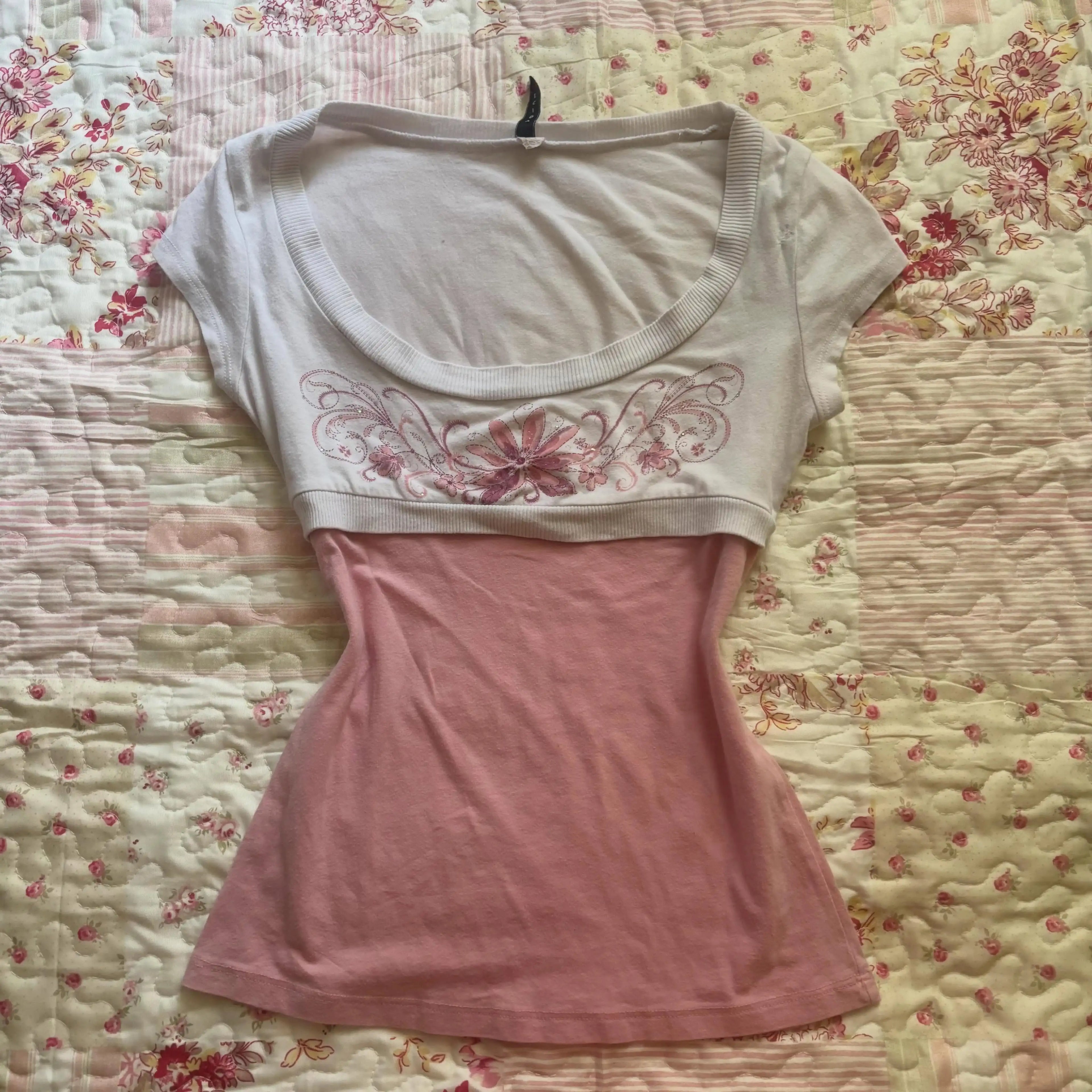 90s Himekaji Crop Top Vintage Punk Summer Kawaii Emo Tee Chic Sweet T-shirt Y2k Woman Clothes Slim Fake 2Piece Lace floral Print