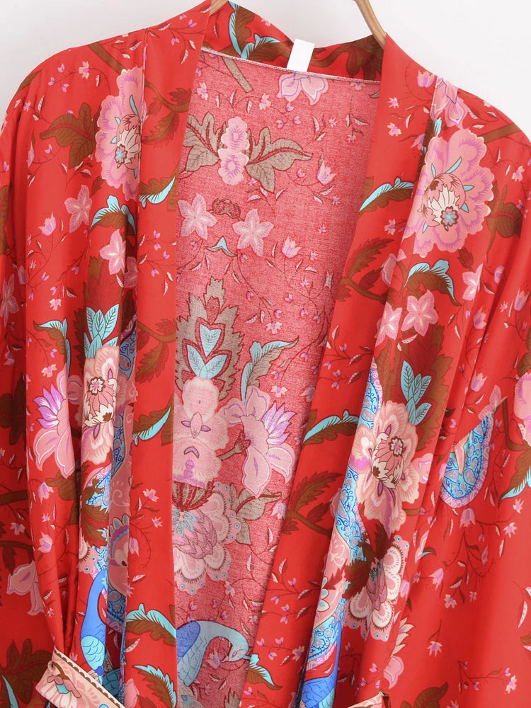 Vintage Peacock Floral Print Sashes Bohemian Kimono Women  V Neck Batwing Sleeves Happie Short Robe Boho Bikini Cover-ups