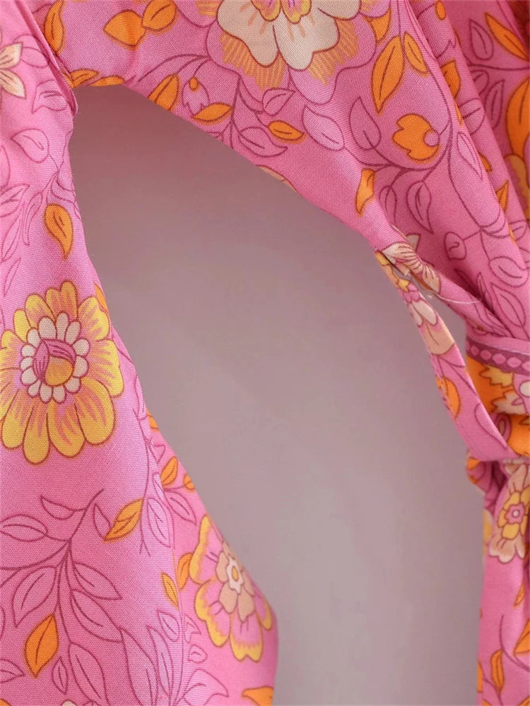 Boho Queens Vintage Pink Floral Print Rayon Cotton Women Bohemian Kimono Happie V Neck Batwing Sleeve Short Robe Bikini Cover-up
