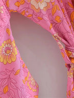 Boho Queens Vintage Pink Floral Print Rayon Cotton Women Bohemian Kimono Happie V Neck Batwing Sleeve Short Robe Bikini Cover-up