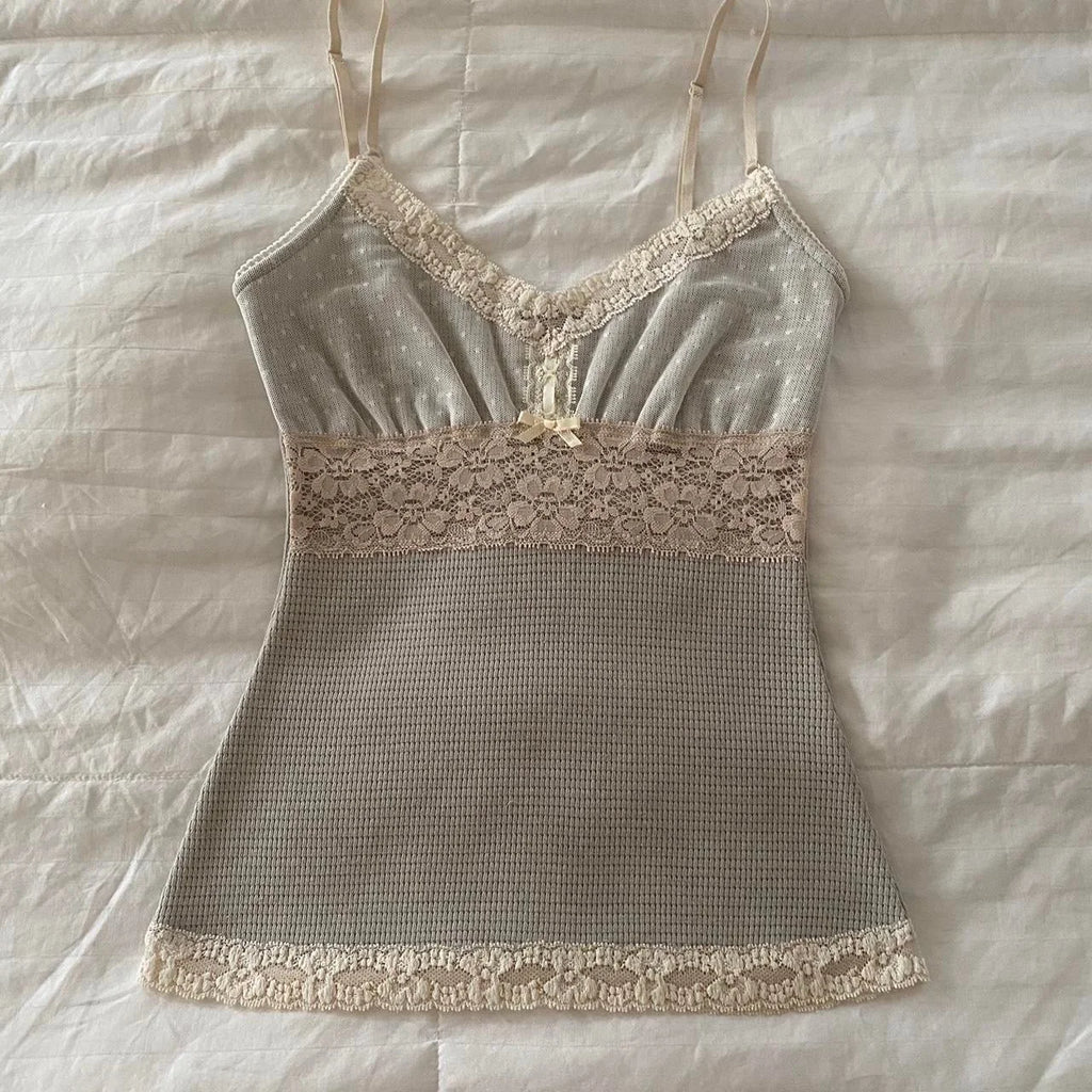 Women Summer Kawaii Lace Trim Patchwork Tanks Tops Fairycore Grunge Aesthetic Sleeveless Spaghetti Strap Slim Vacation Vests