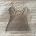 Women Summer Kawaii Lace Trim Patchwork Tanks Tops Fairycore Grunge Aesthetic Sleeveless Spaghetti Strap Slim Vacation Vests