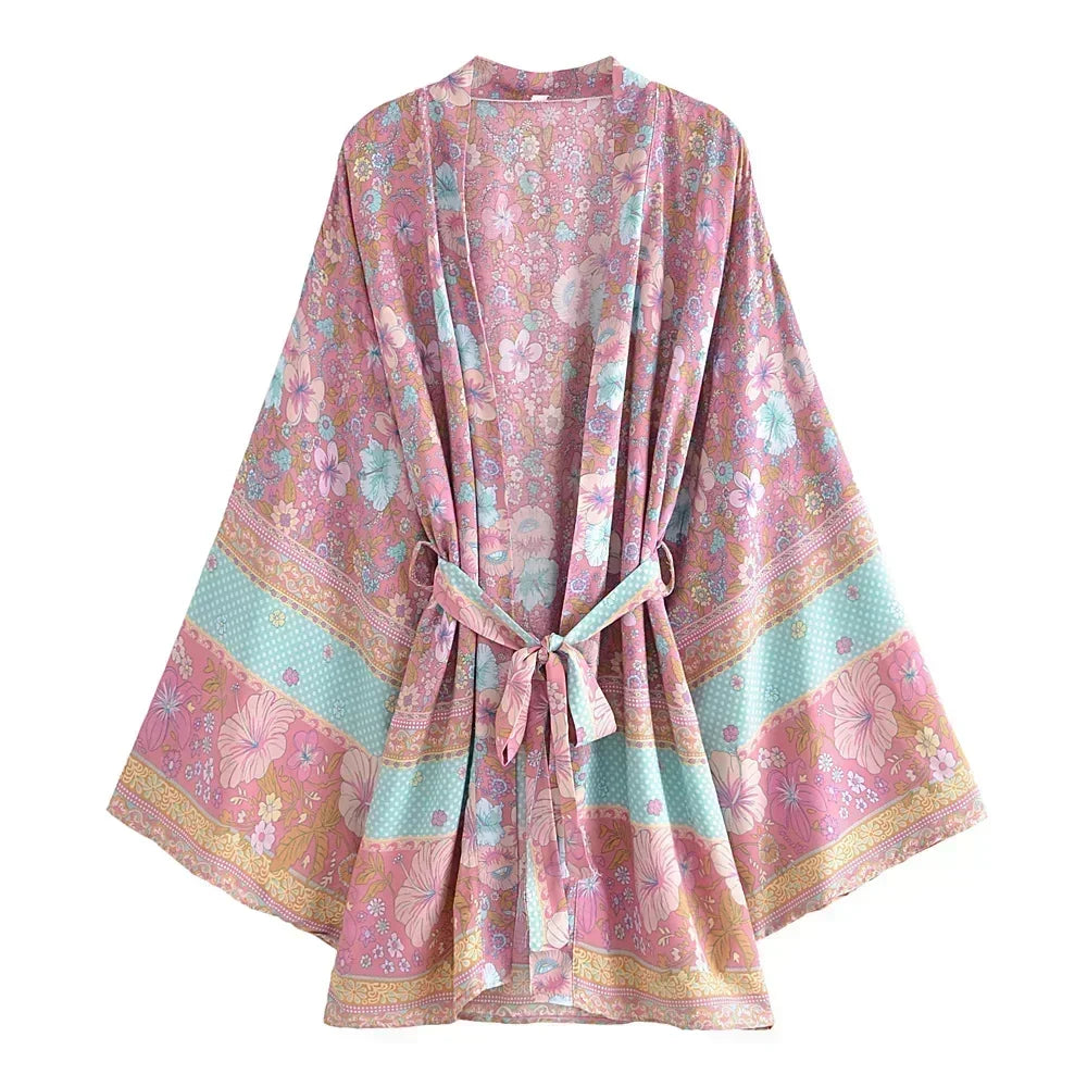 Boho Queens Floral Print Sashes Bohemian Kimono Women  V Neck Batwing Sleeves Short Robe Vacation Beach Bikini Cover-ups