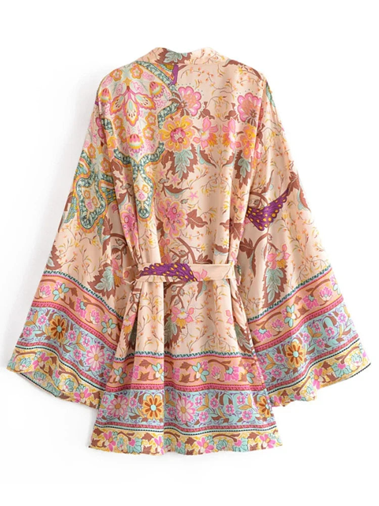Vintage Peacock Floral Print Sashes Bohemian Kimono Women  V Neck Batwing Sleeves Happie Short Robe Boho Bikini Cover-ups