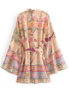 Vintage Peacock Floral Print Sashes Bohemian Kimono Women  V Neck Batwing Sleeves Happie Short Robe Boho Bikini Cover-ups