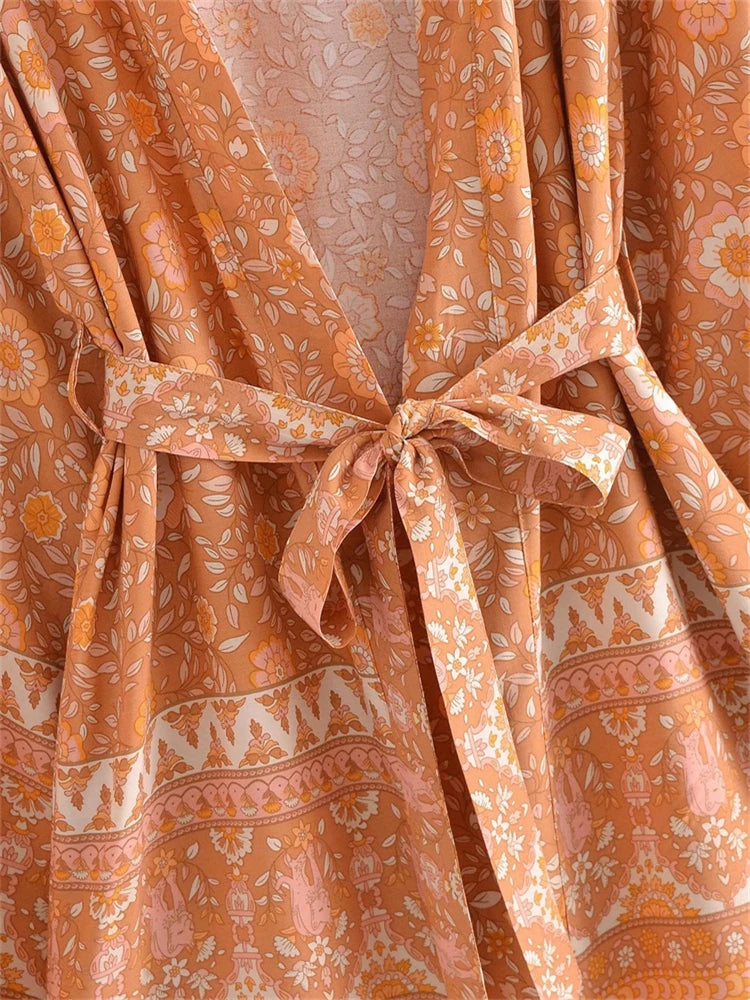 Boho Queens Vintage Pink Floral Print Rayon Cotton Women Bohemian Kimono Happie V Neck Batwing Sleeve Short Robe Bikini Cover-up