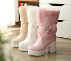 2024 Winter New High Heels Snow Boots Lolita Sweet Bow Women's Warm Snow Boots Girls Student Fluffy Kawaii Mid-calf Ladies Boots