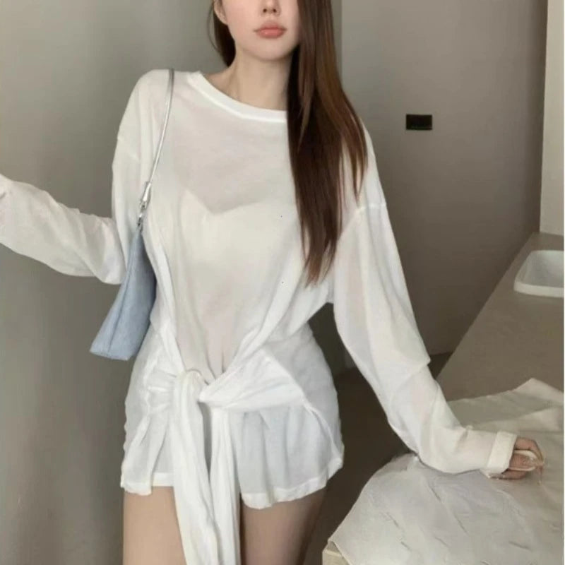 See Through Long sleeve Oversize T shirt Women Sexy Back Bandage Off shoulder Top Female Basic Long Tees Korean Chic Lady New