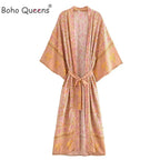 Boho Queens Women Pink Floral Print Bohemian Kimono Beach Robe Lady Batwing Sleeves Rayon Vacation Boho Bikini Cover-ups