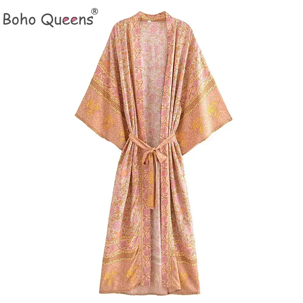 Boho Queens Women Pink Floral Print Bohemian Kimono Beach Robe Lady Batwing Sleeves Rayon Vacation Boho Bikini Cover-ups