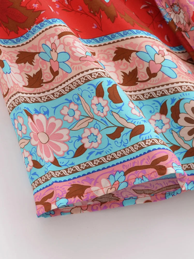 Vintage Peacock Floral Print Sashes Bohemian Kimono Women  V Neck Batwing Sleeves Happie Short Robe Boho Bikini Cover-ups
