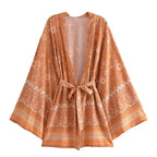 Boho Queens Vintage Pink Floral Print Rayon Cotton Women Bohemian Kimono Happie V Neck Batwing Sleeve Short Robe Bikini Cover-up