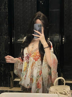 French Style Loose Fit Diamond Embellished Bell Sleeve Shirt Women's V-Neck Spring Early Spring Sexy Pure Desire Top