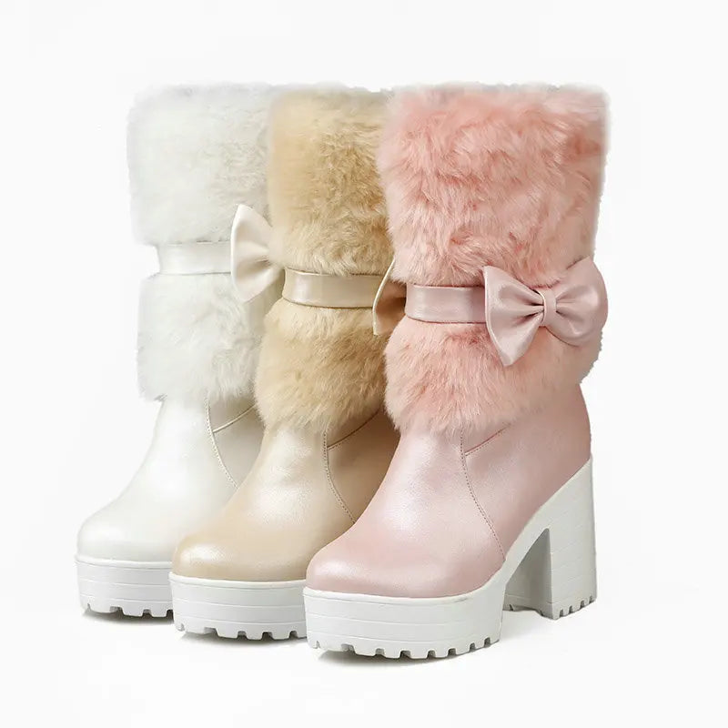 2024 Winter New High Heels Snow Boots Lolita Sweet Bow Women's Warm Snow Boots Girls Student Fluffy Kawaii Mid-calf Ladies Boots