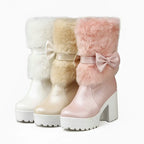 2024 Winter New High Heels Snow Boots Lolita Sweet Bow Women's Warm Snow Boots Girls Student Fluffy Kawaii Mid-calf Ladies Boots