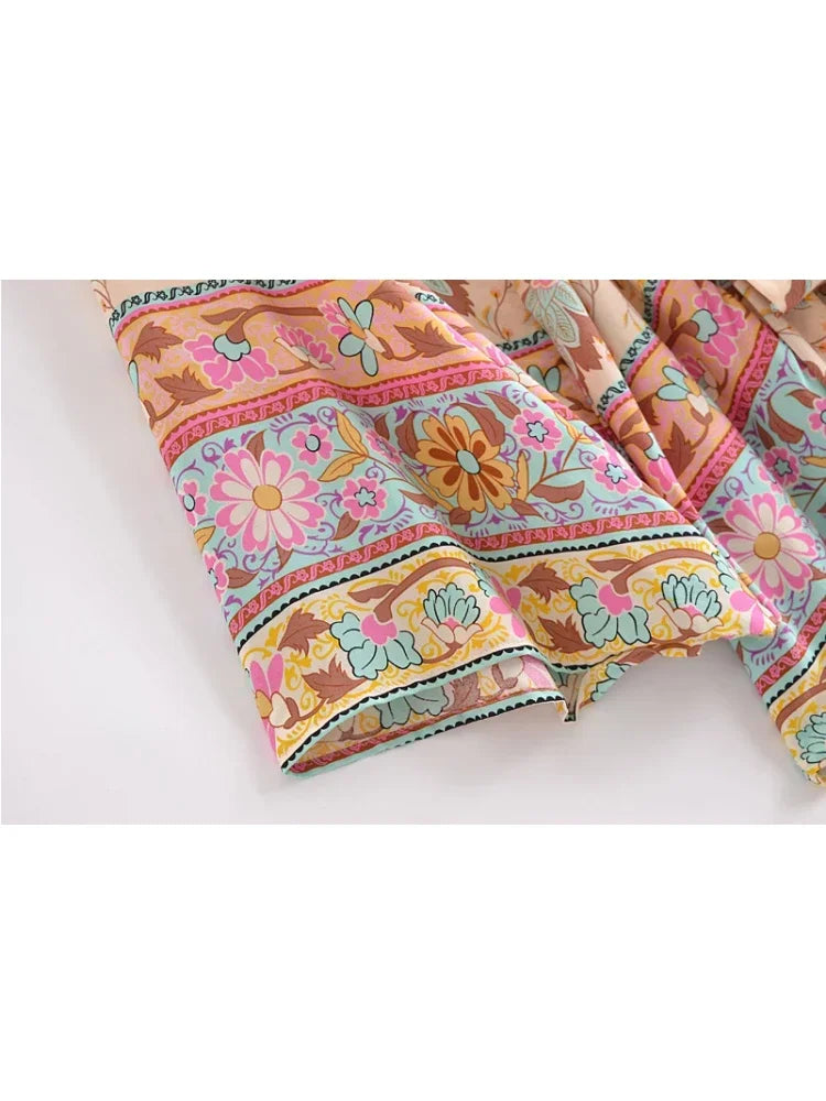 Vintage Peacock Floral Print Sashes Bohemian Kimono Women  V Neck Batwing Sleeves Happie Short Robe Boho Bikini Cover-ups