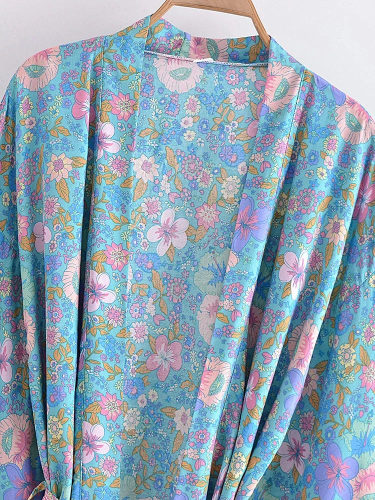 Boho Queens Floral Print Sashes Bohemian Kimono Women  V Neck Batwing Sleeves Short Robe Vacation Beach Bikini Cover-ups