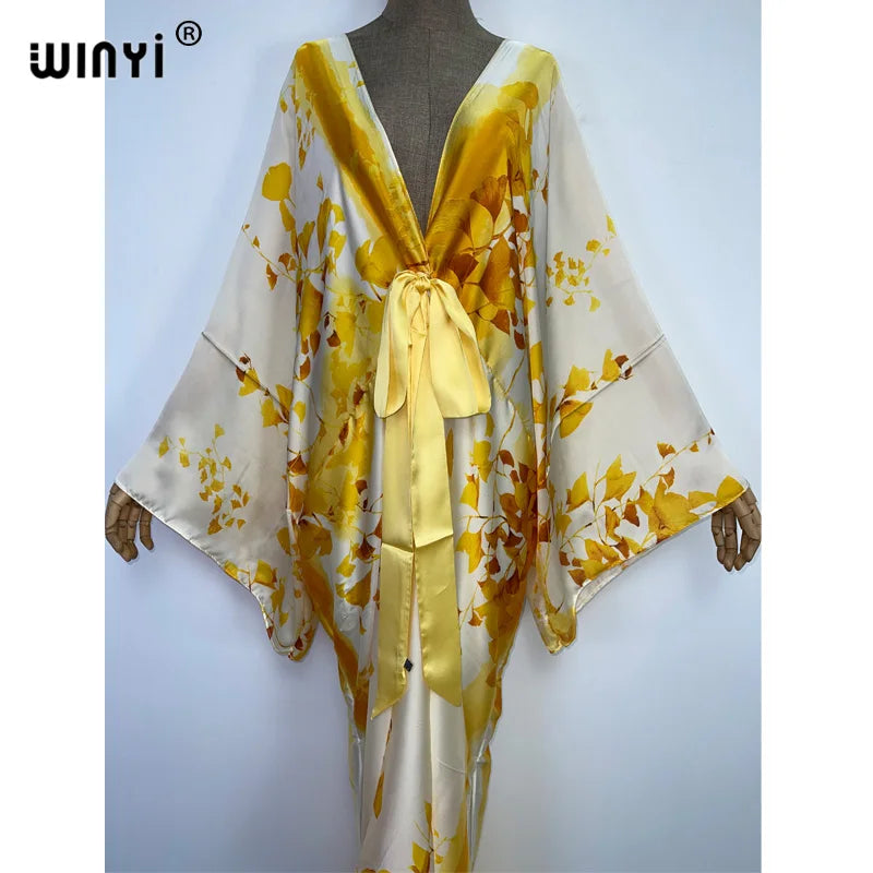 WINYI 2022 Summer Sexy V-Neck Dress Women long Sleeve Club Party Silky elegant Long Dresses boho Beach Cover Up Casual kaftan