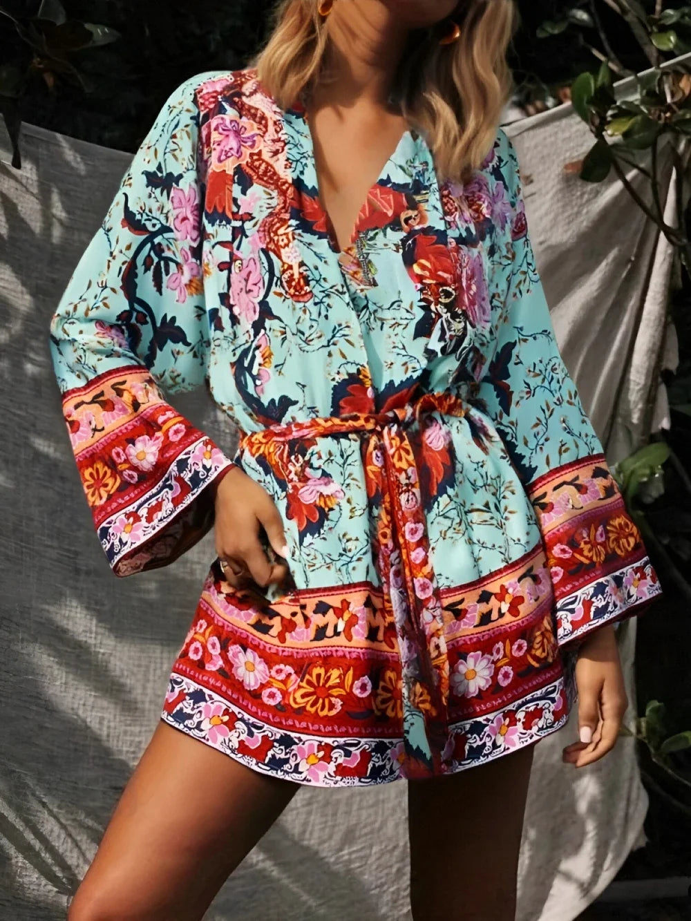 Vintage Peacock Floral Print Sashes Bohemian Kimono Women  V Neck Batwing Sleeves Happie Short Robe Boho Bikini Cover-ups