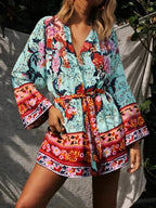 Vintage Peacock Floral Print Sashes Bohemian Kimono Women  V Neck Batwing Sleeves Happie Short Robe Boho Bikini Cover-ups