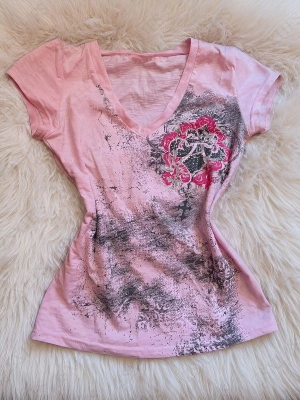 Pink T shirts Women Short Sleeve Slim Punk Kawaii Casual Graphic Tee Letter Korea T shirt Femme Fashion 2000s Y2k Crop Tops Emo