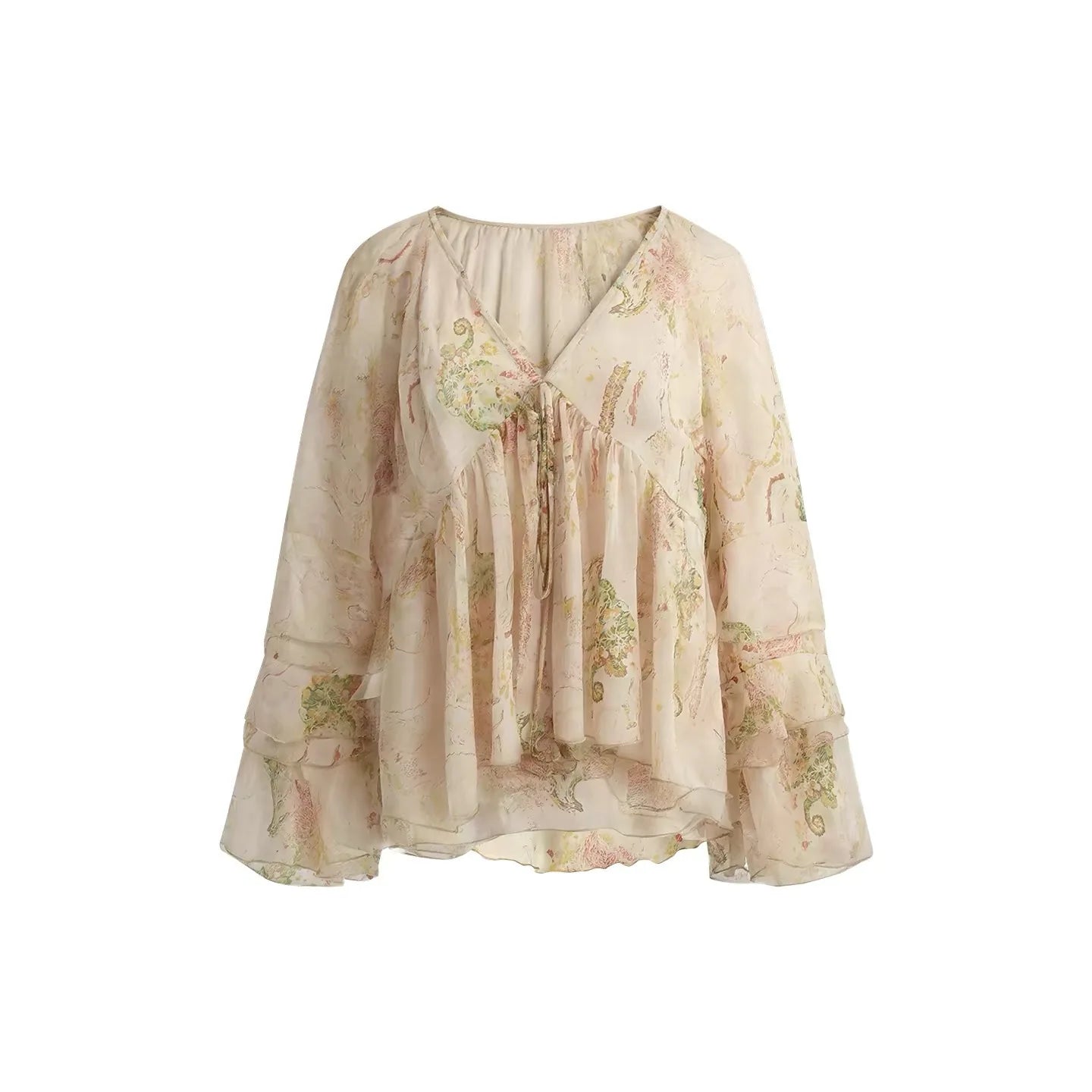 Exue Floral Print Chiffon Shirt Women's Summer Lightweight Loose Fit Long Sleeve V-Neck Breathable Gentle Vintage Top