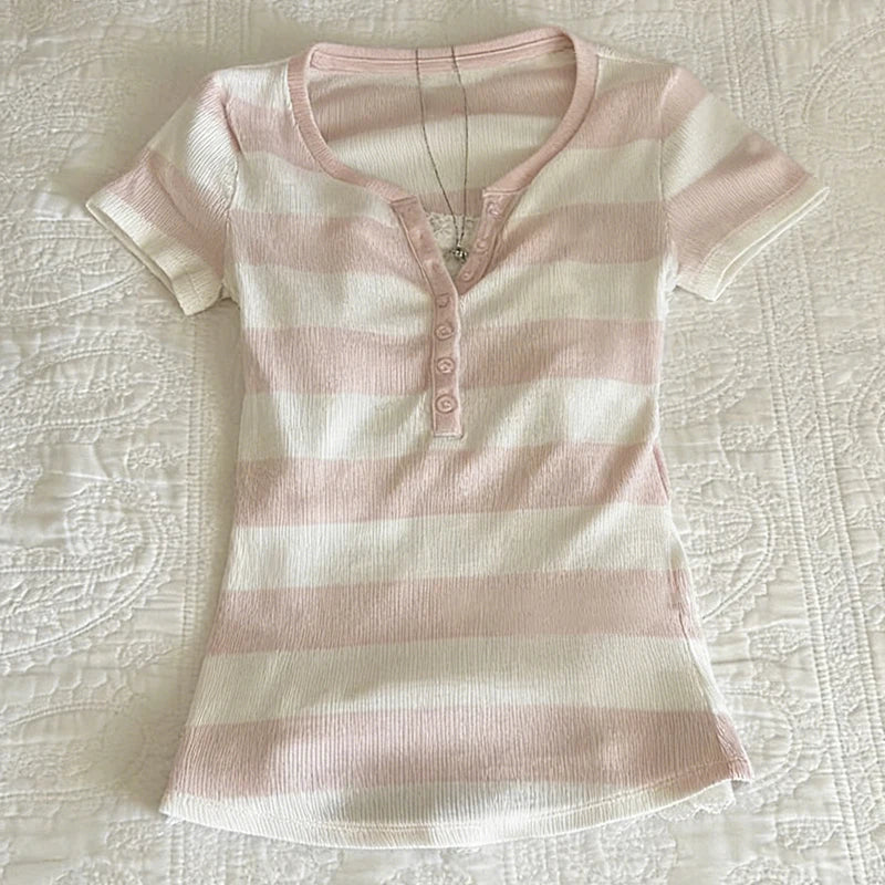 Harajuku Y2K Women's Striped Crop Top Sexy Slim Fit Casual V-Neck Short-Sleeve Shirt Spring Summer Floral Print Gyaru Streetwear