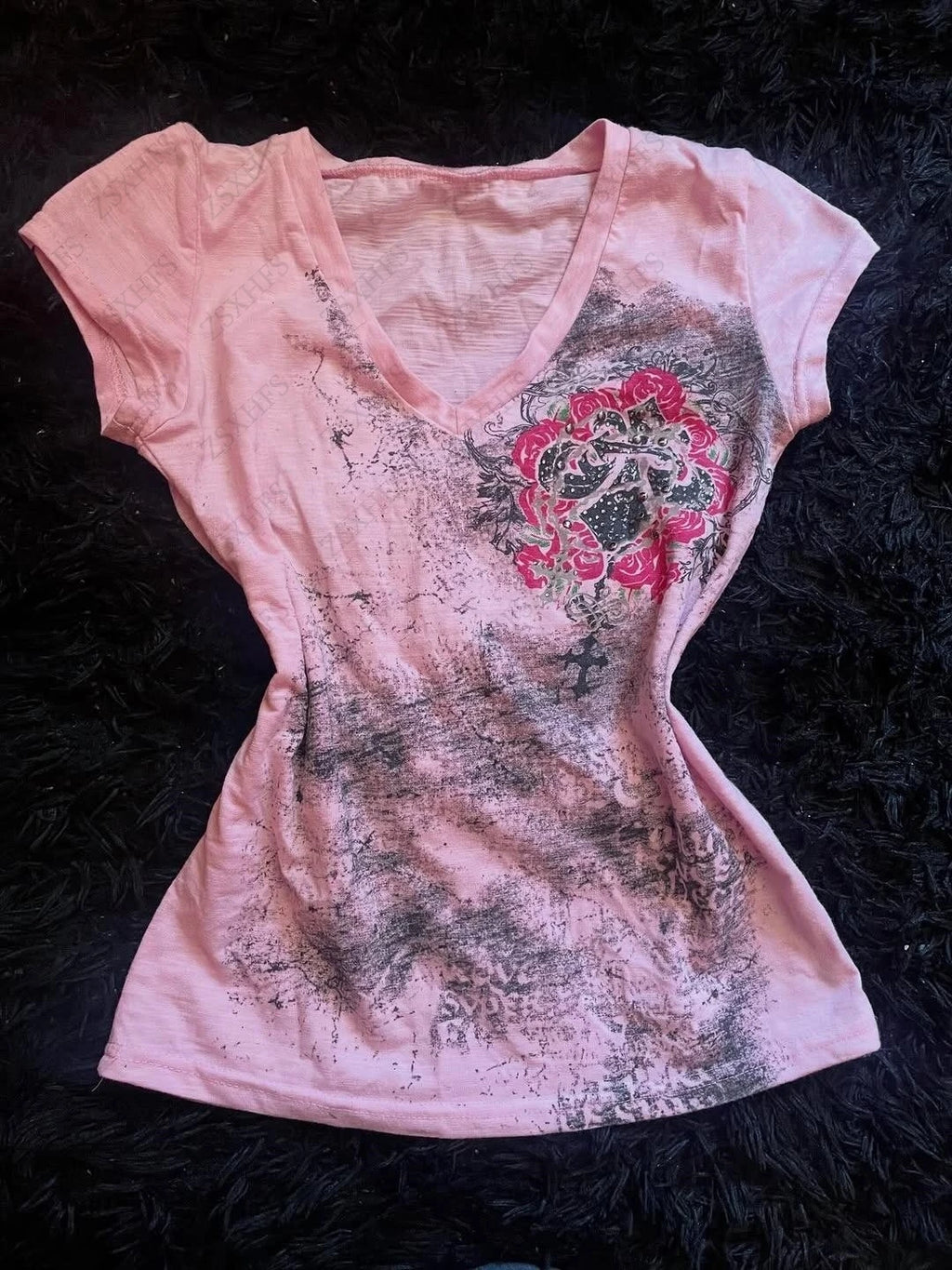 Pink T shirts Women Short Sleeve Slim Punk Kawaii Casual Graphic Tee Letter Korea T shirt Femme Fashion 2000s Y2k Crop Tops Emo
