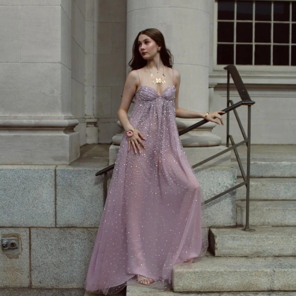Spaghetti Strap Sparkle Sleeveless Prom Gowns For Women Floor Length Sequin Applique Evening Dresses