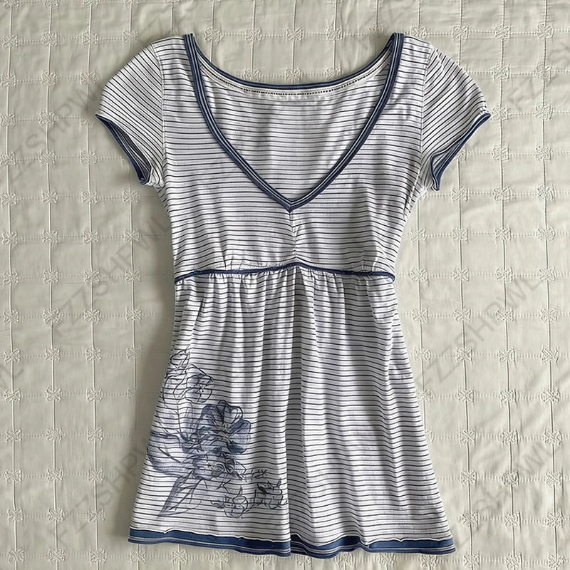 Harajuku Y2K Women's Striped Crop Top Sexy Slim Fit Casual V-Neck Short-Sleeve Shirt Spring Summer Floral Print Gyaru Streetwear