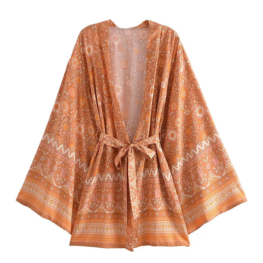 Boho Queens Vintage Pink Floral Print Rayon Cotton Women Bohemian Kimono Happie V Neck Batwing Sleeve Short Robe Bikini Cover-up