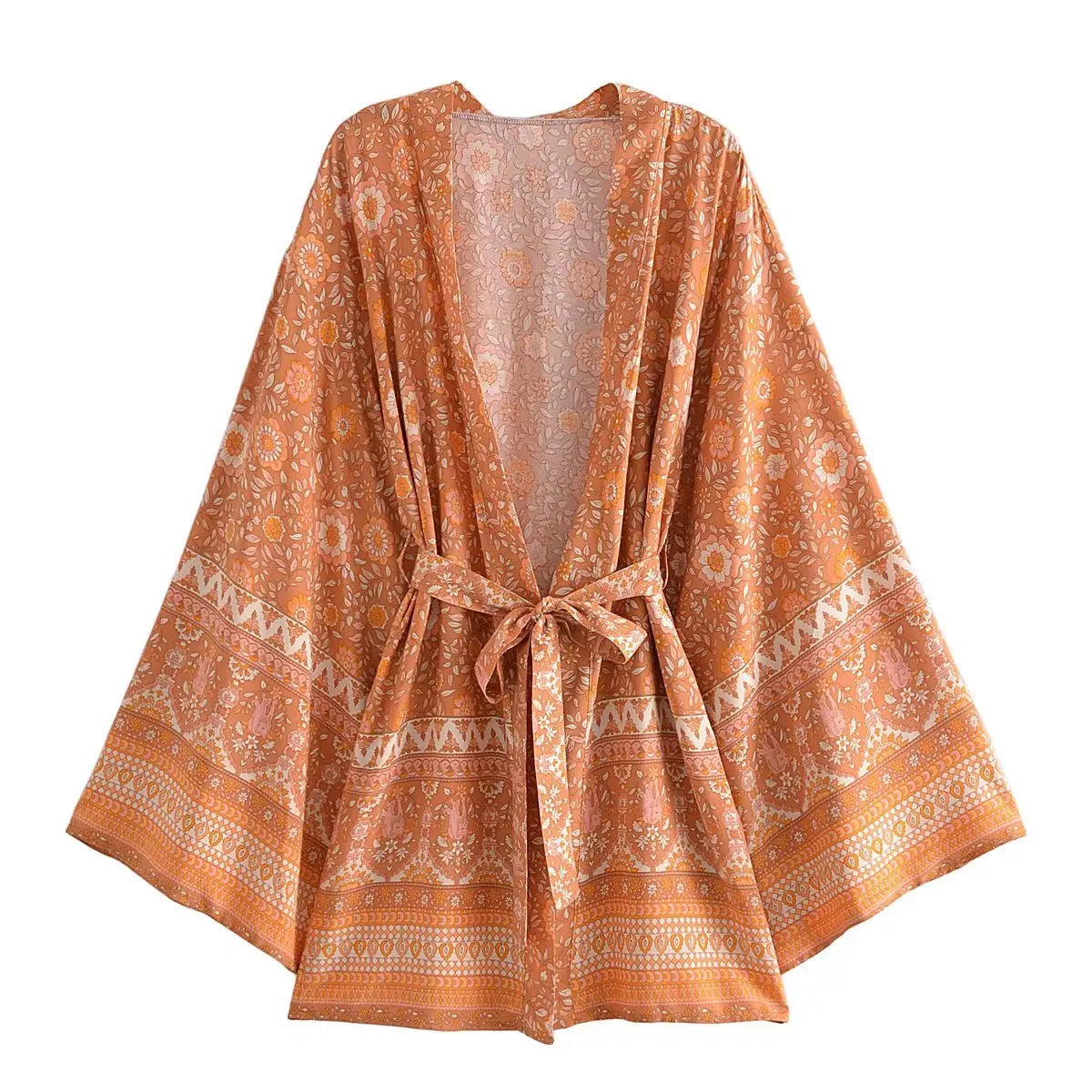 Boho Queens Vintage Pink Floral Print Rayon Cotton Women Bohemian Kimono Happie V Neck Batwing Sleeve Short Robe Bikini Cover-up