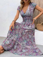 Summer New Women's Bohemian V-Neck Printed Elegant Fashion Slim Ventilate Minimalist Sleeveless All-match High Waist Dresses