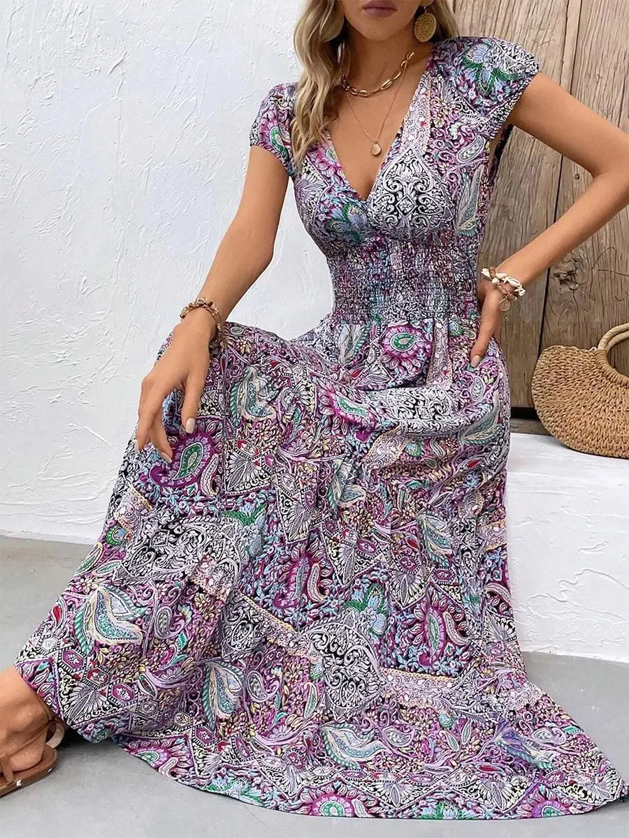 Summer New Women's Bohemian V-Neck Printed Elegant Fashion Slim Ventilate Minimalist Sleeveless All-match High Waist Dresses