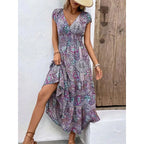 Summer New Women's Bohemian V-Neck Printed Elegant Fashion Slim Ventilate Minimalist Sleeveless All-match High Waist Dresses